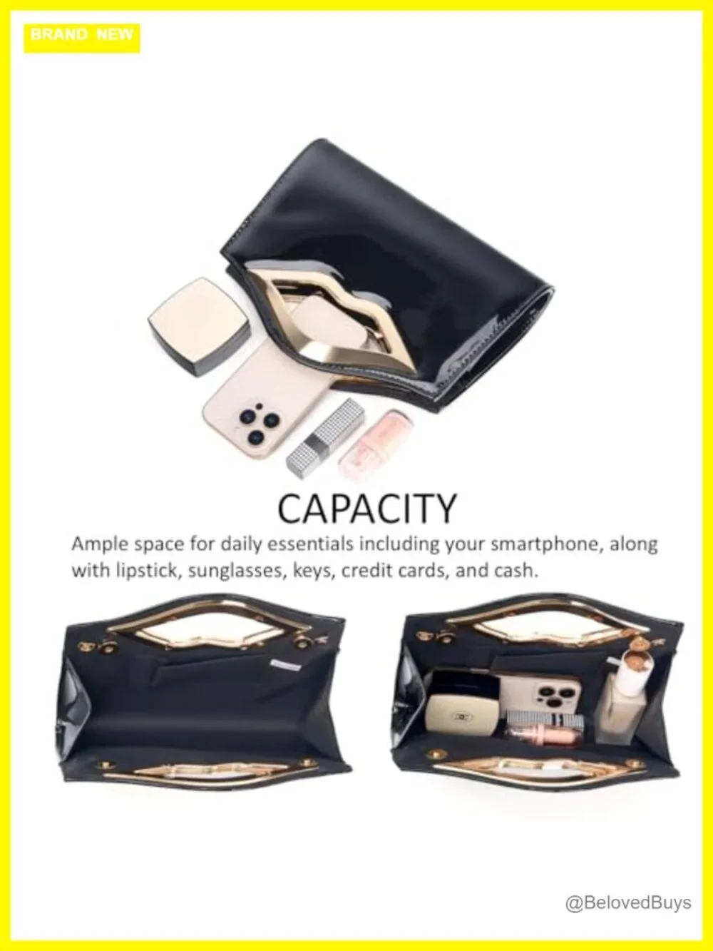 Vegan Leather Lip Handle Evening Clutch 3-in-1